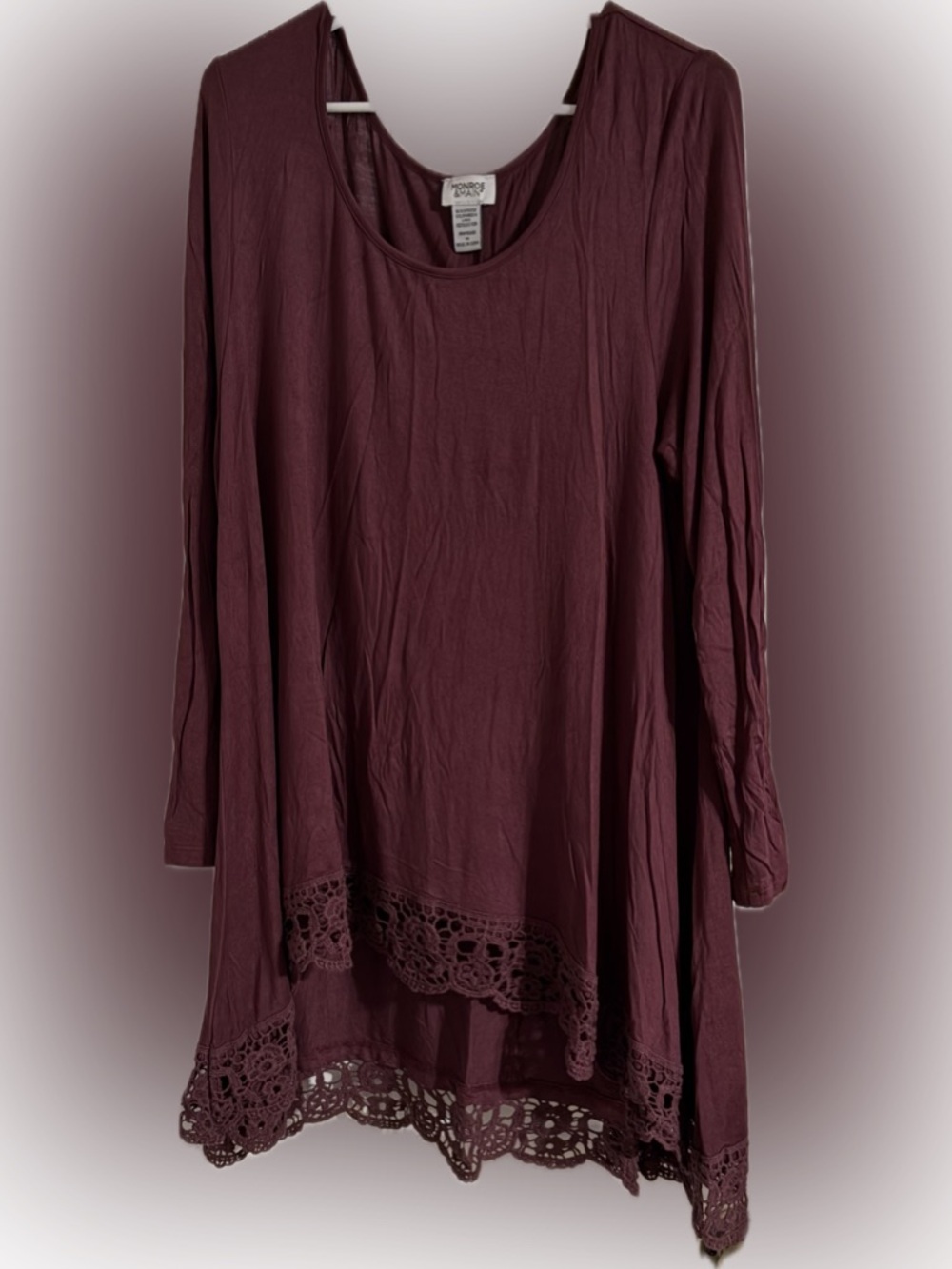 Monroe & Main Long Sleeve Crochet Hem Tunic - Burgundy/Purple